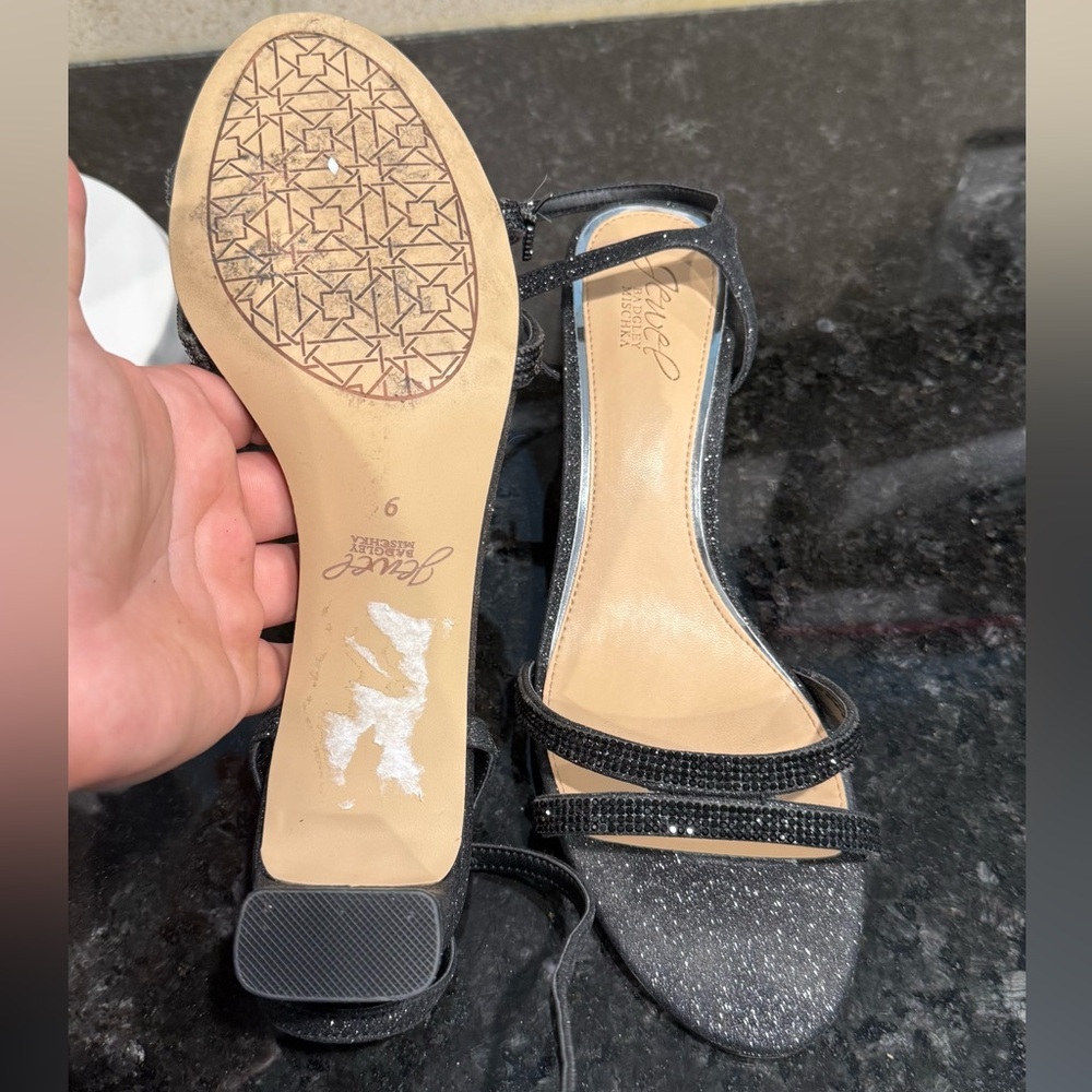 Jewel Badgley Mischka Black Glitter Sandals - Picture 2 of 5